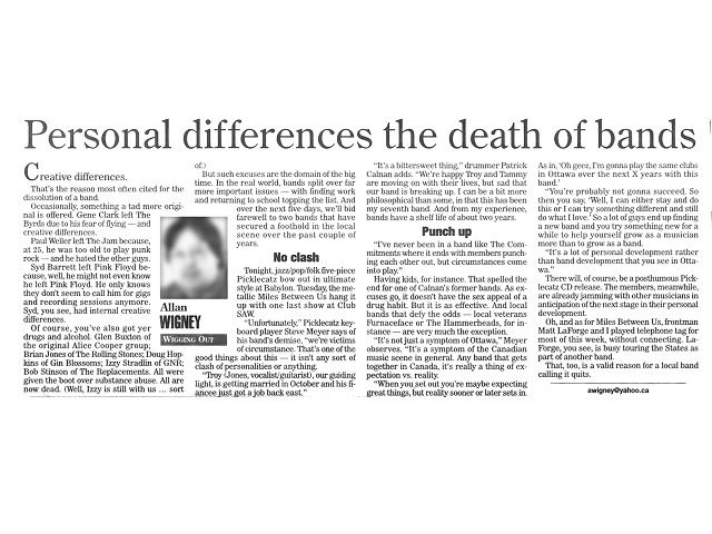 Screen capture of an article from the Ottawa SUN covering the breakup of the band.